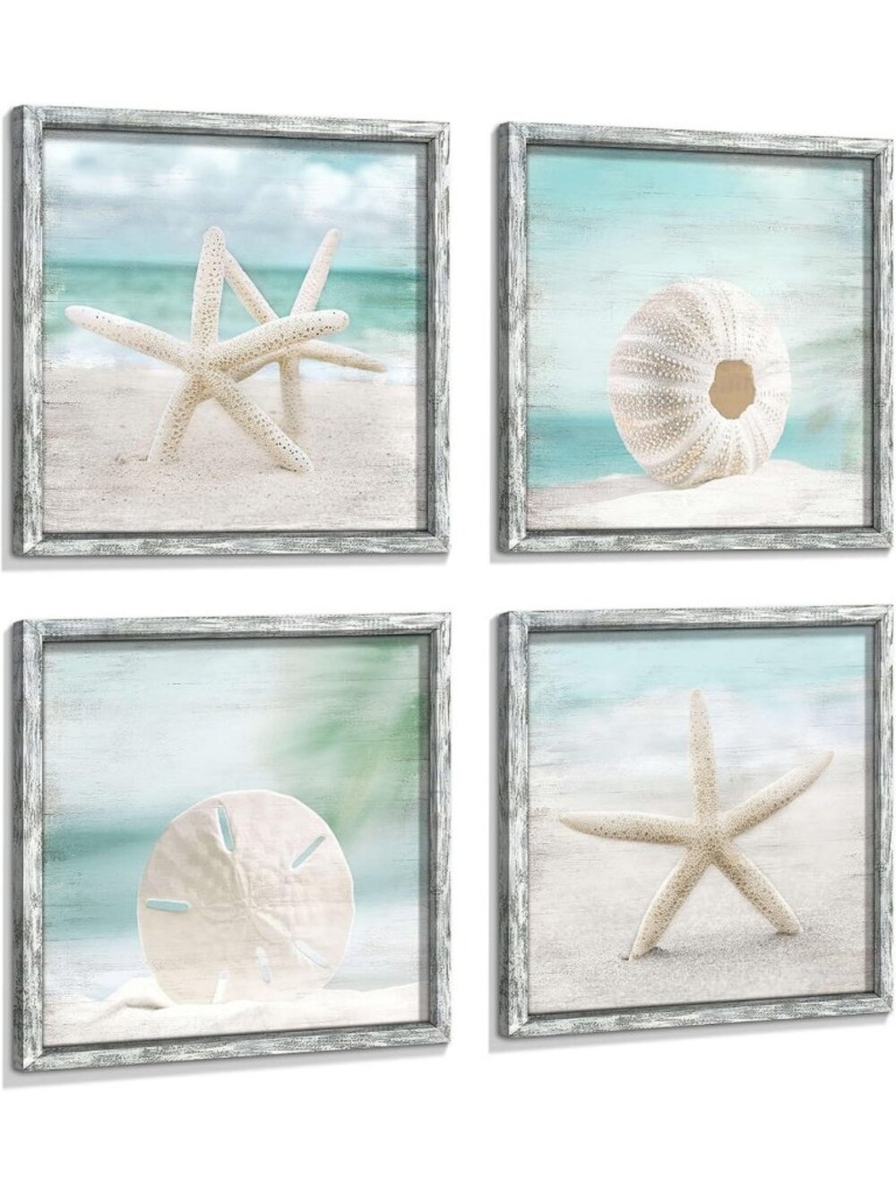 Coastal Framed Wall Art Set of 4 - Ocean Prints with Starfish, Seashells & Sand